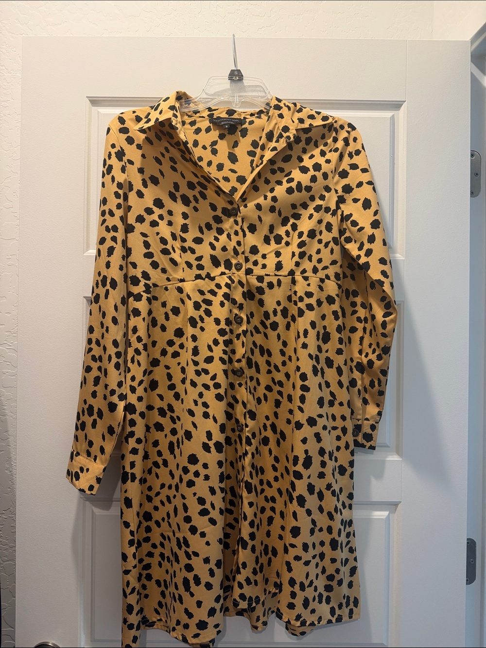 Womens Yellow Leopard Print Button-Front Shirt Dress